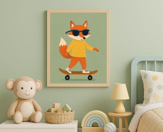 Cool Skateboarding Fox Wall Art Trendy Animal Print For Kids Room Decor Modern Nursery Baby