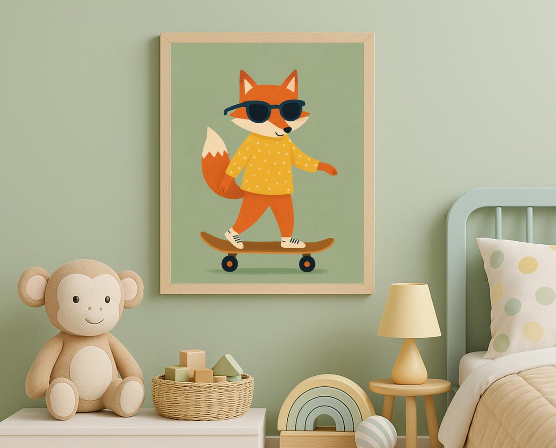 Cool Skateboarding Fox Wall Art Trendy Animal Print For Kids Room Decor Modern Nursery Baby