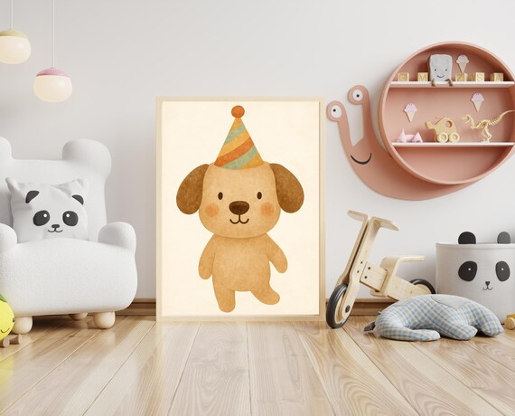 Cute Birthday Puppy With Rainbow Party Hat Kids Room Nursery Art Poster