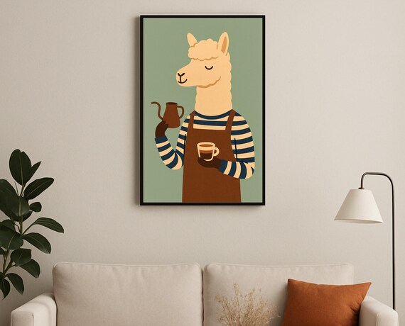 Barista Llama Pouring Espresso Coffee Hobby Nursery Decor Poster