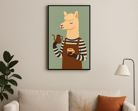 Barista Llama Wall Art Hobby Animal Series Coffee Print For Nursery Playroom Modern Kids Room Decor