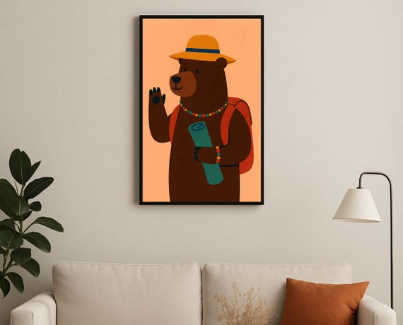 Hiking Bear Wall Art Hobby Animal Series Camping Print For Nursery Playroom Modern Kids Room Decor