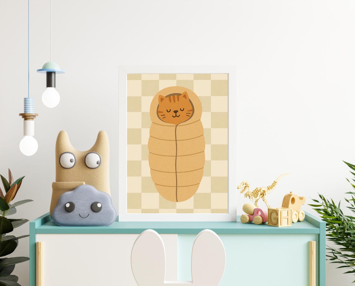 Burrito Cat Wall Art Cute Sleeping Cozy Nursery Decor Gender Neutral Baby Room