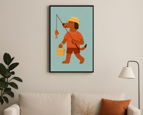 Fishing Dog Wall Art Hobby Animal Series Print For Nursery Playroom Modern Kids Room Decor