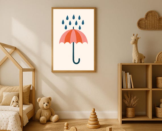 Umbrella Nursery Wall Art Rain Drops Kids Room Playroom Decor Weather Theme Poster Gender Neutral Instant