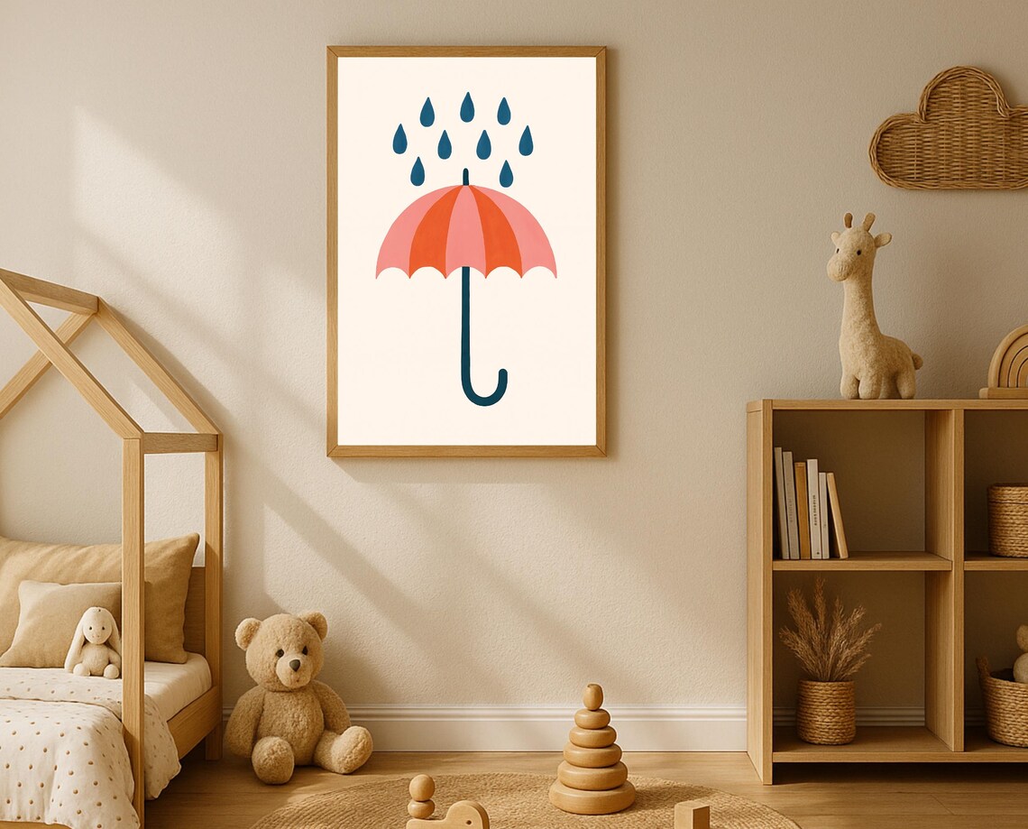 Cute Pink Umbrella Under Rain Drops Kids Nursery Wall Poster