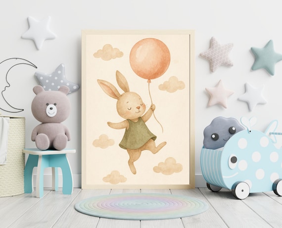 Bunny Girl Holding Orange Balloon Floating Pastel Kids Room Poster
