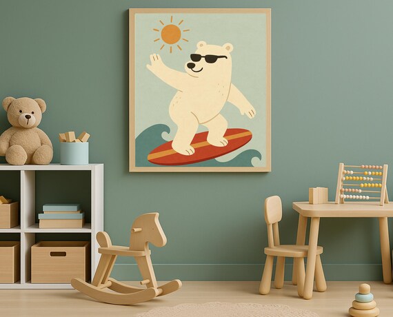 Surfing Polar Bear With Sunglasses Cute Summer Nursery Kids Poster