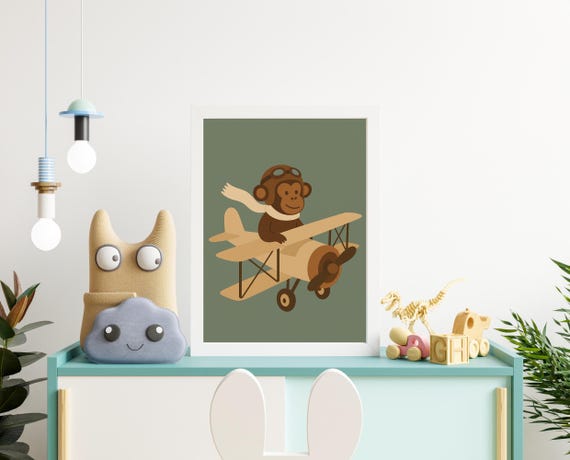 Flying Monkey Wall Art Vintage Pilot Animal Poster For Nursery Playroom Or Toddler Room Decor