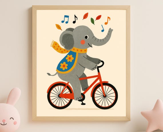 Biking Elephant Wall Art Musical Nursery Animal Print Safari Baby Room Decor Pastel