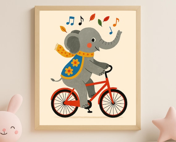 Elephant Riding Red Bicycle With Scarf Musical Nursery Wall Art