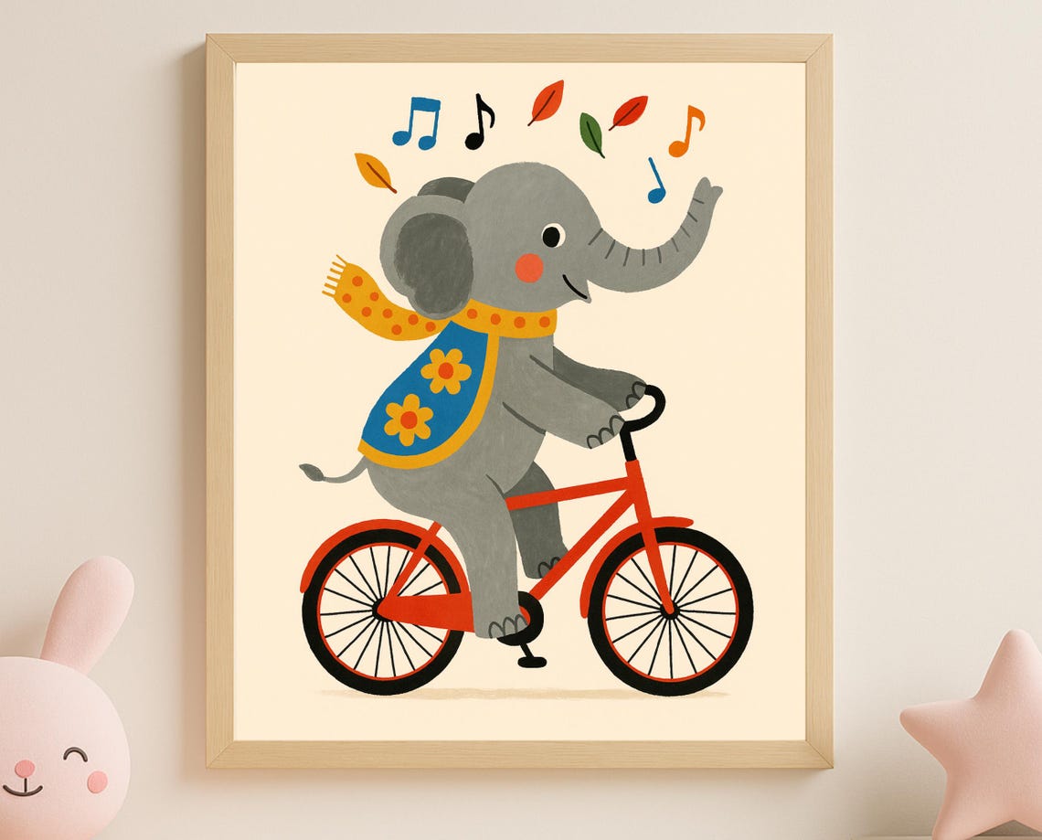 Biking Elephant Wall Art Musical Nursery Animal Print Safari Baby Room Decor Pastel