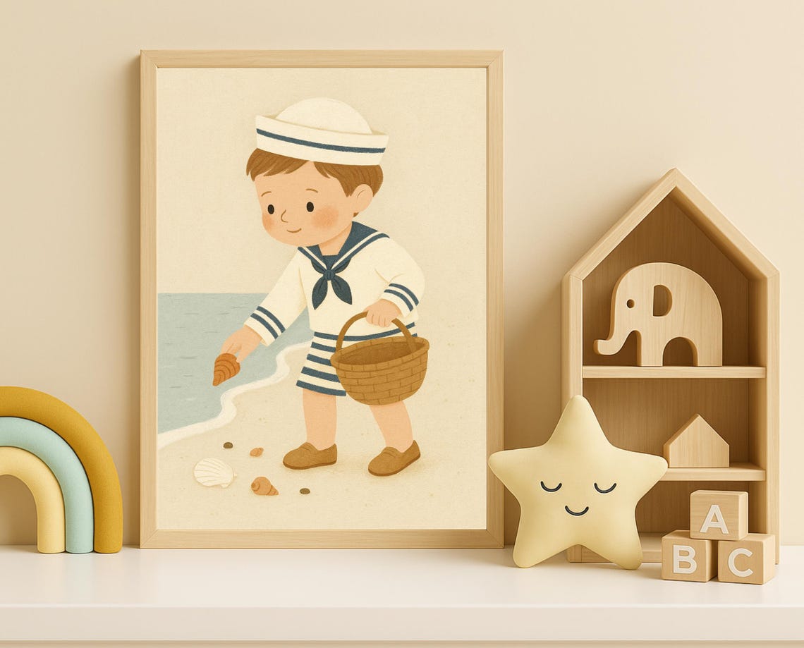 Sailor Boy Beach Wall Art Coastal Nursery Vintage Nautical Kids Room Decor