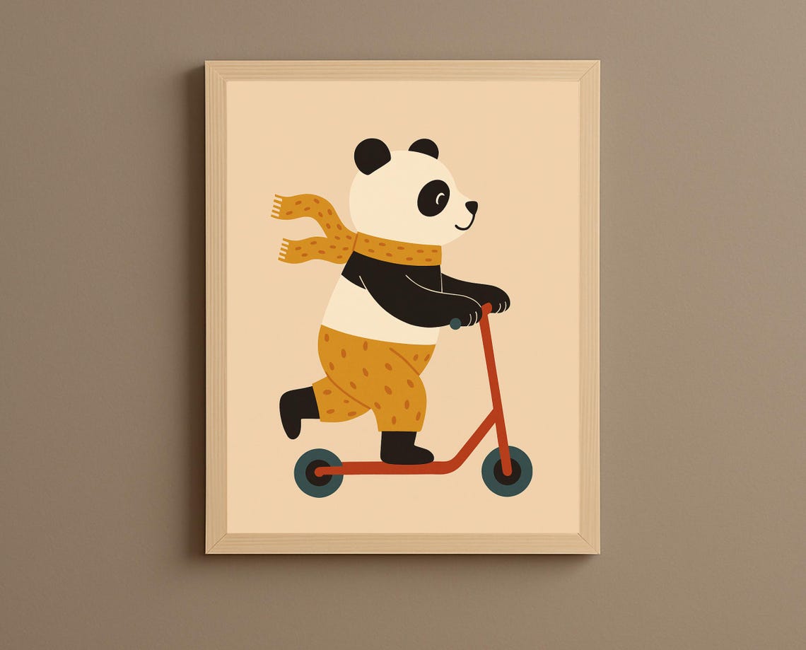 Scooter Panda Wall Art Cute Animal For Nursery Toddler Room Decor Illustration Kids