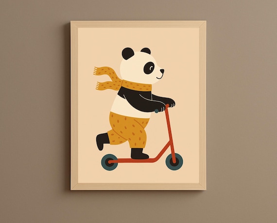 Panda Riding Red Scooter in Mustard Scarf Cute Kids Room Poster