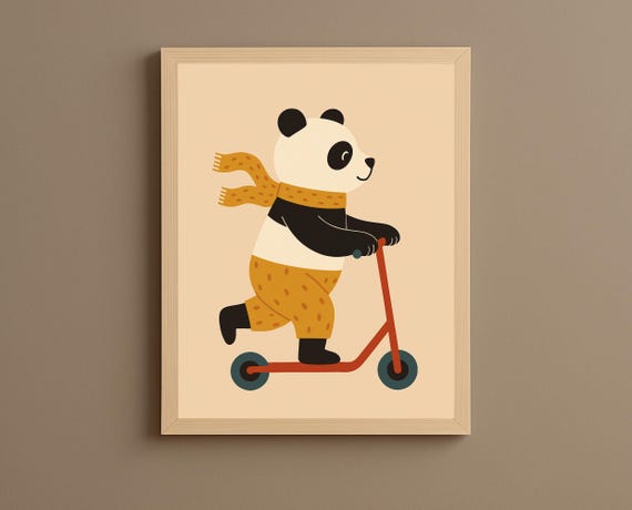 Scooter Panda Wall Art Cute Animal For Nursery Toddler Room Decor Illustration Kids