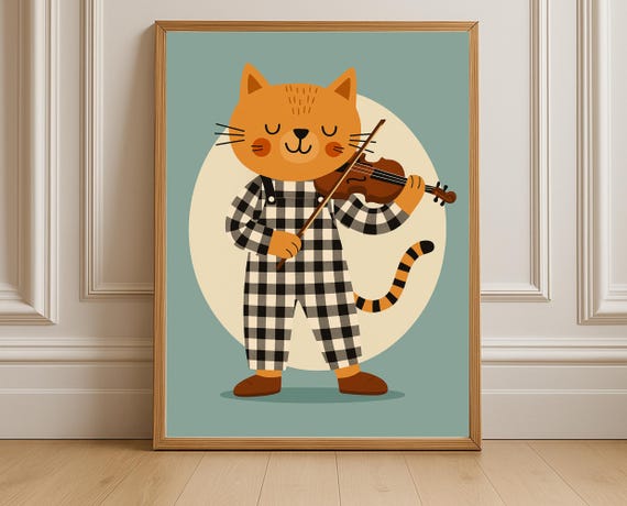 Violin Cat Wall Art Musical Nursery Hobby Animal Series Kids Room Decor Gender Neutral