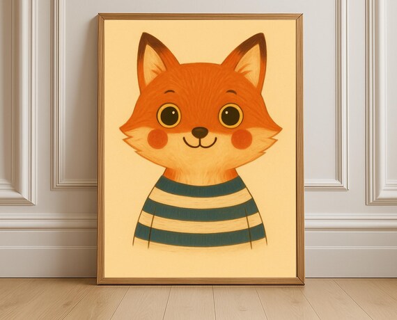 Fox Nursery Wall Art Cute Animal Poster Kids Room Decor Striped Shirt Illustration