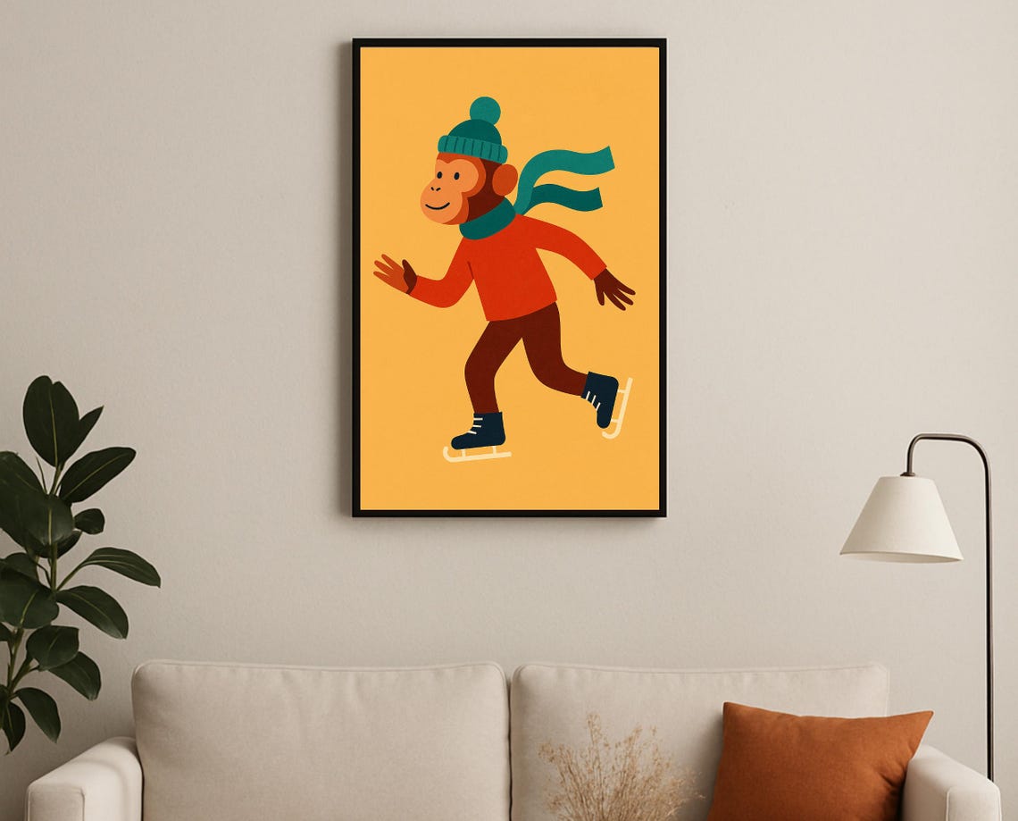 Cheerful Monkey Ice Skating in a Teal Beanie and Scarf Poster