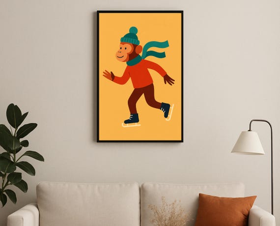 Ice Skating Monkey Wall Art Hobby Animal Series Winter Sports Print For Nursery Playroom Modern Kids Room Decor