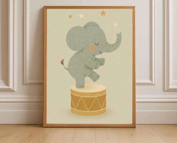 Dancing Elephant Wall Art Cute Circus Nursery Soft Pastel Baby Room Decor
