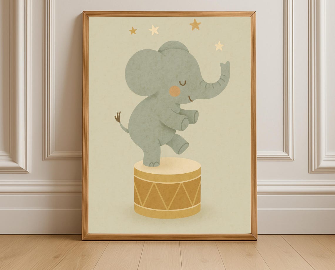 Elephant Dancing on Round Circus Drum Under Stars Nursery Poster