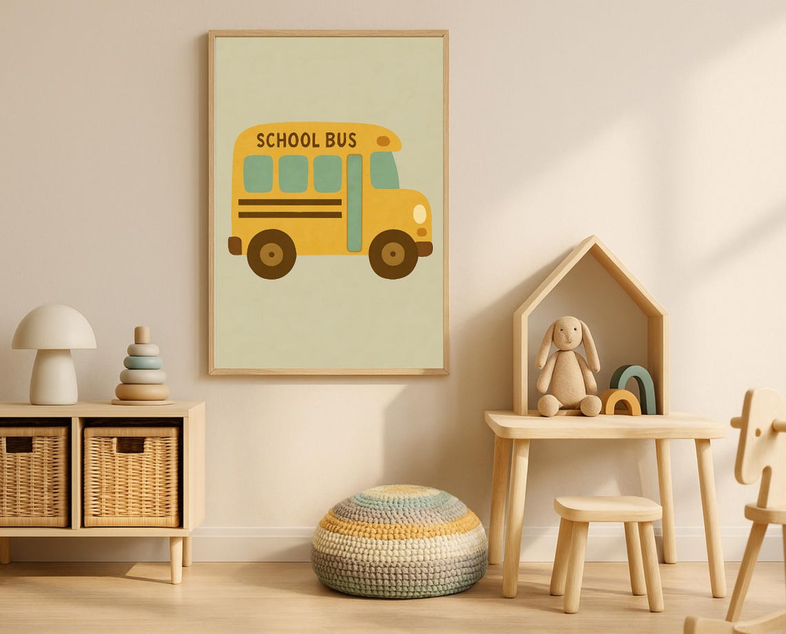 School Bus Wall Art Yellow Vehicle Nursery Decor Transportation Poster For Kids Room