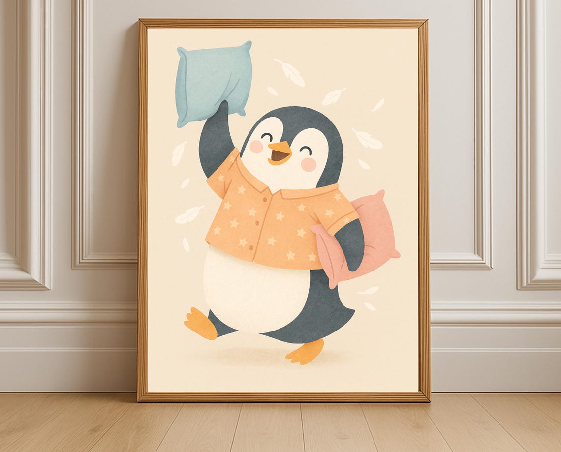 Pillow Fight Penguin Nursery Print Pajama Party Wall Art Kids Room Decor