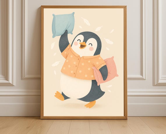 Pillow Fight Penguin Nursery Print Pajama Party Wall Art Kids Room Decor