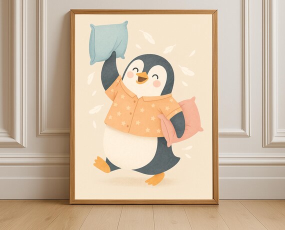 Playful Penguin Pillow Fight Pajama Party Kids Room Nursery Poster