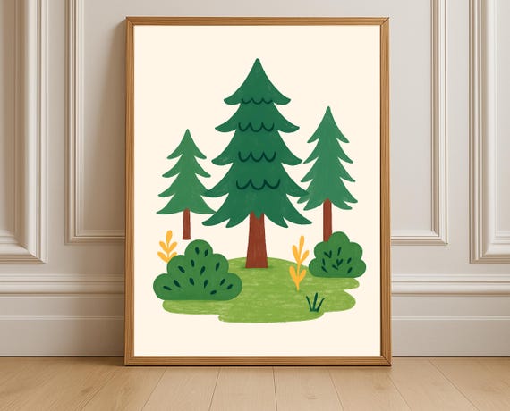 Forest Nursery Wall Art Retro Evergreen Trees Print Instant