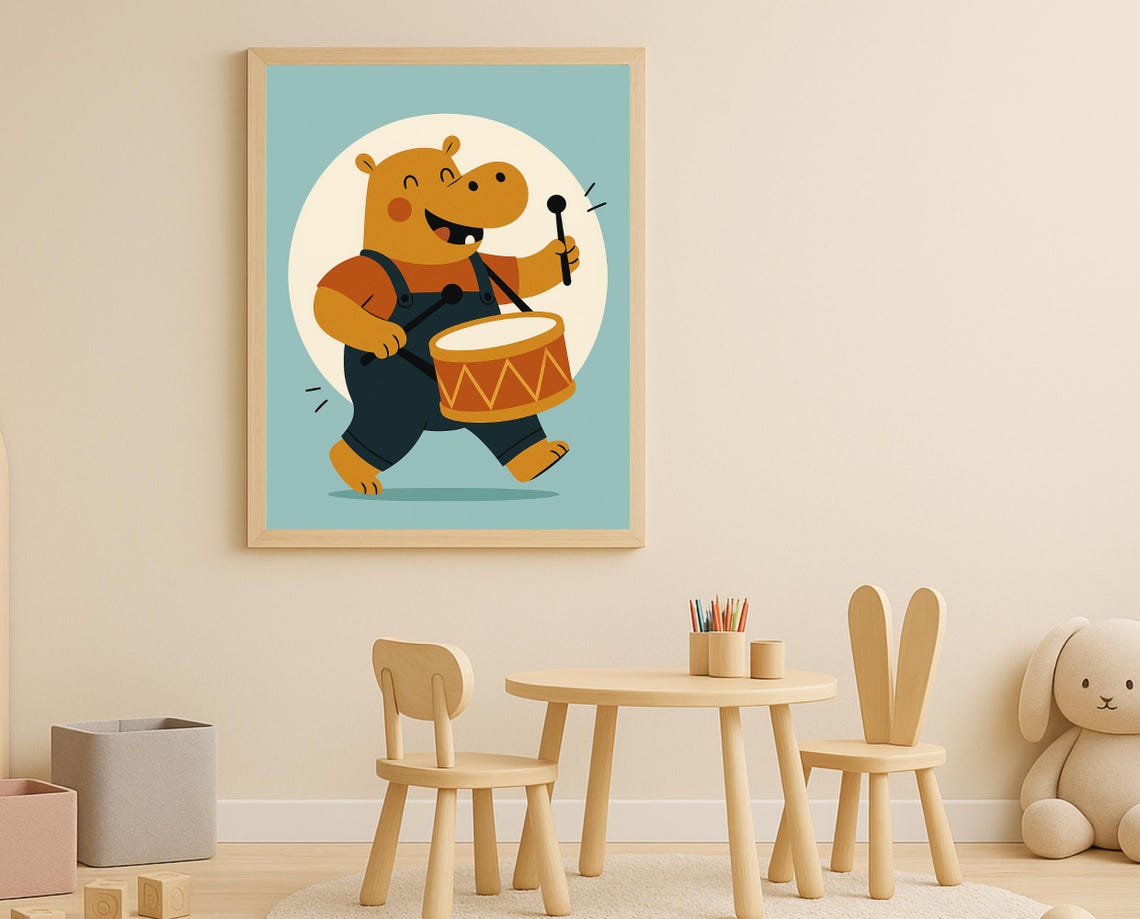 Drumming Hippo Wall Art Musical Nursery Animal Print Hobby For Toddler Room