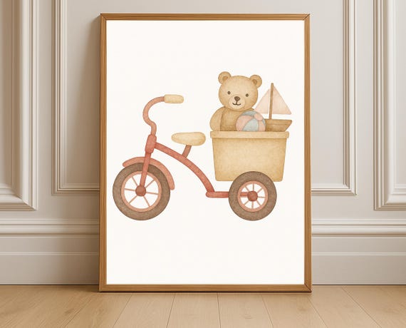 Teddy Tricycle Wall Art Watercolor Bear Nursery Print Vintage Kids Room Decor For Toddler Playroom