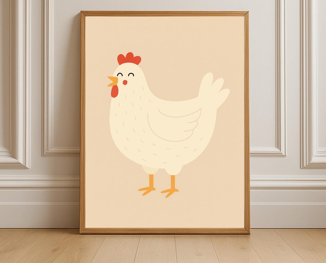Smiling White Hen Cute Minimal Farm Animal Nursery Kids Poster