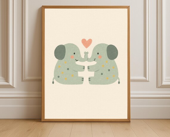 Hugging Baby Elephants Heart Nursery Animal Illustration Poster