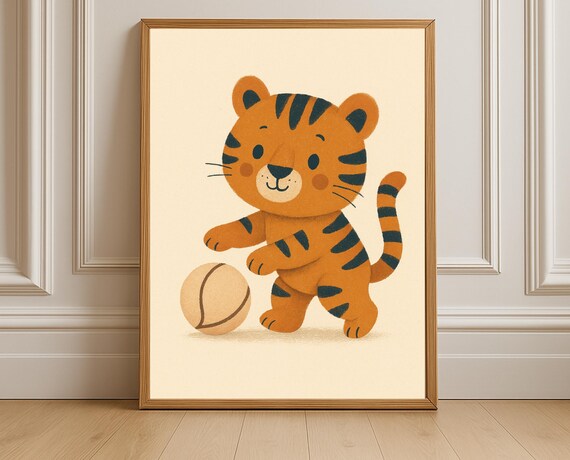 Adorable Tiger Cub Playing Ball Cartoon Kids Nursery Room Poster
