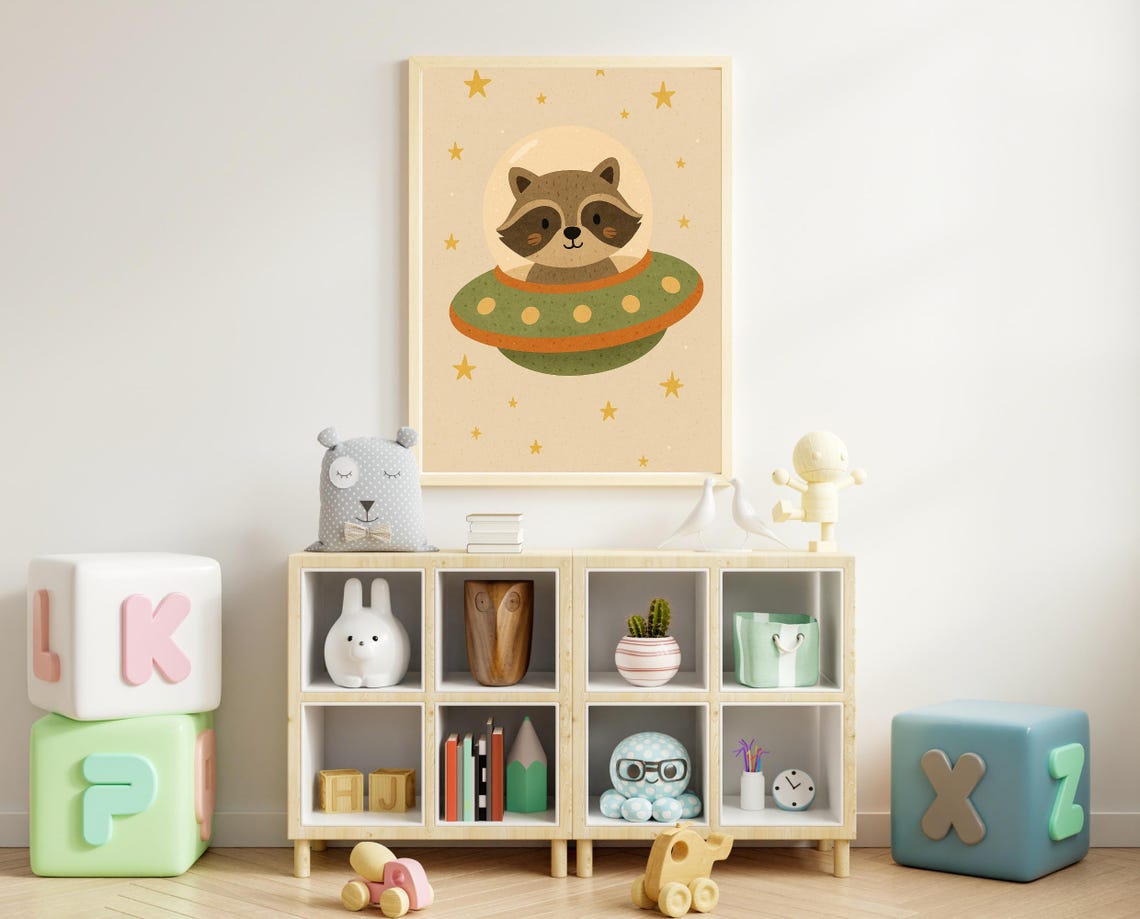 Space Raccoon Wall Art Nursery Decor Ufo Animal Poster For Kids Hobby Series