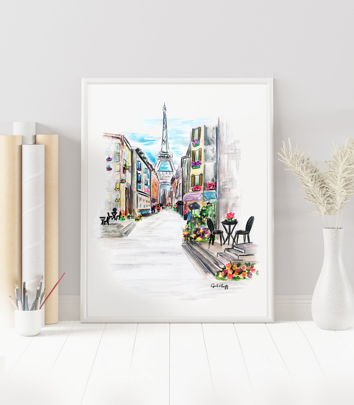 Paris Watercolor Skyline, Eiffel Tower Travel Poster