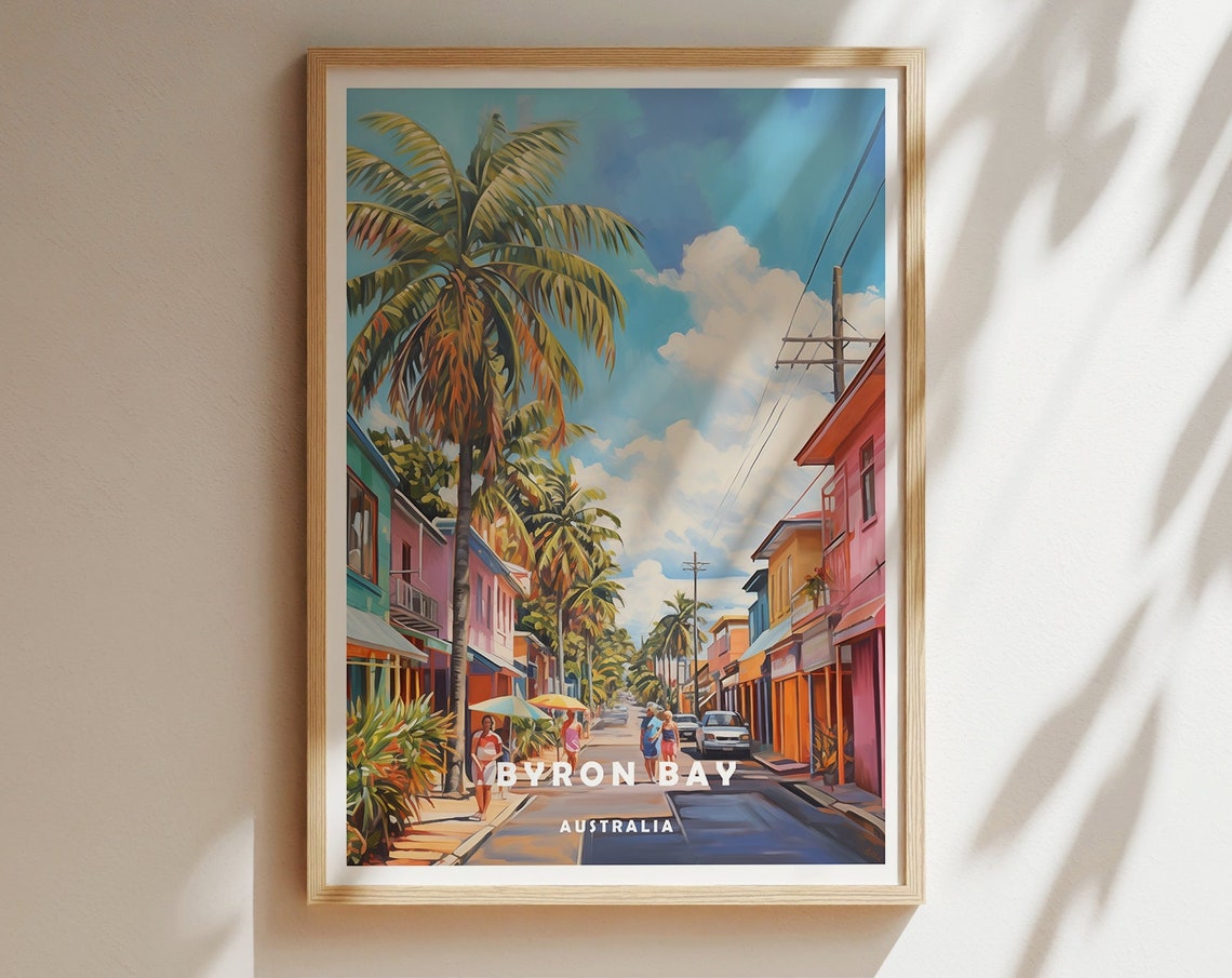 Byron Bay Australia Palm Lined Street Surf Town Travel Poster