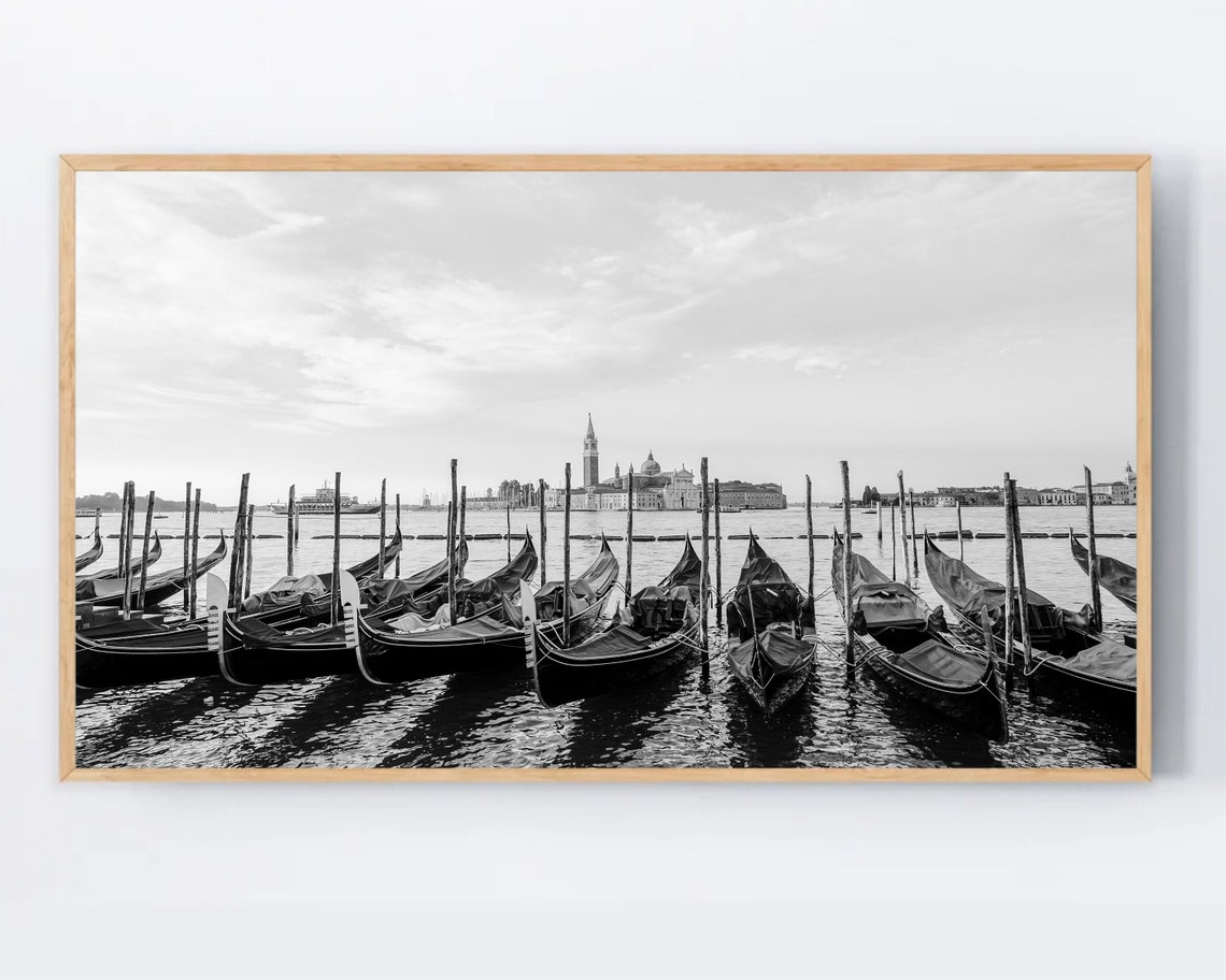 Venice Italy Gondolas in Black and White Canal Photography Print