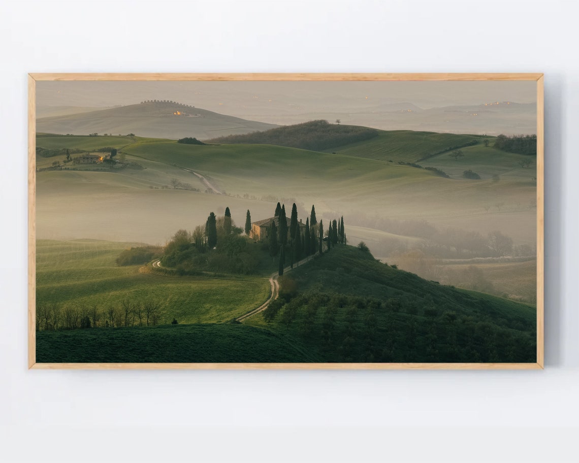 Tuscany Italy Misty Rolling Hills with Cypress Trees Photo Print