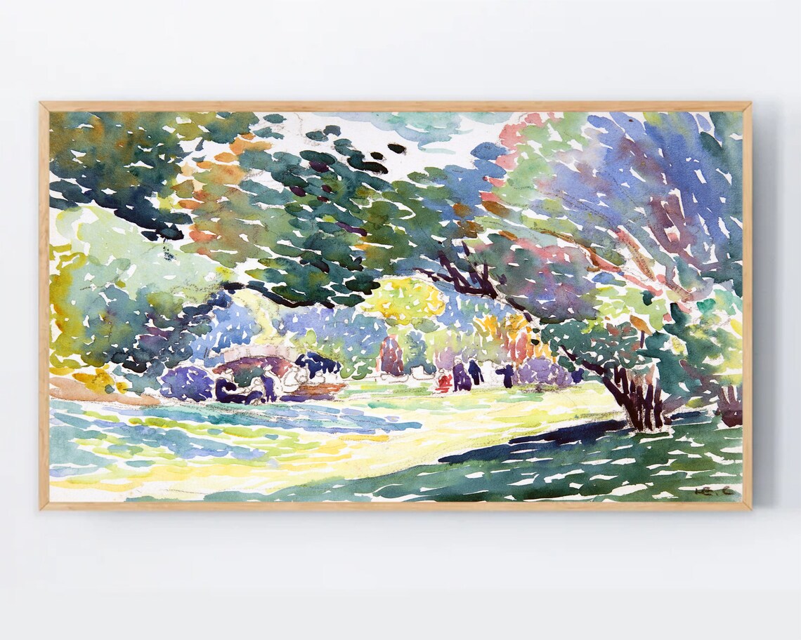 Watercolor Garden Park With Green Trees Relaxing Painting Poster