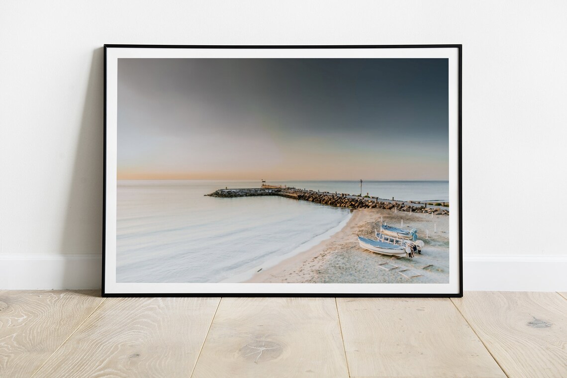 Quiet Beach Dawn Photography Calm Shore Fishing Boats Poster