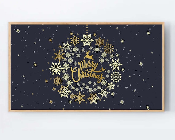 Merry Christmas Gold Snowflake Holiday Poster Navy Blue Starry Night