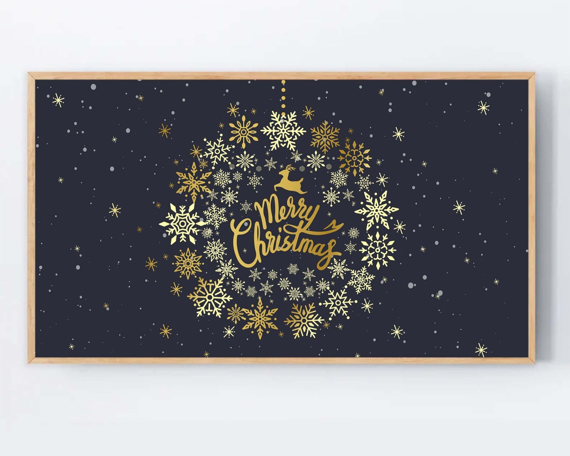 Merry Christmas Gold Snowflake Holiday Poster Navy Blue Starry Night