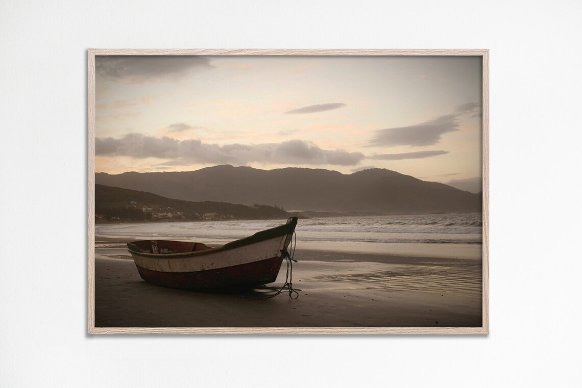 Small Fishing Boat Beach Photography Poster Nautical Dusk Shore Art