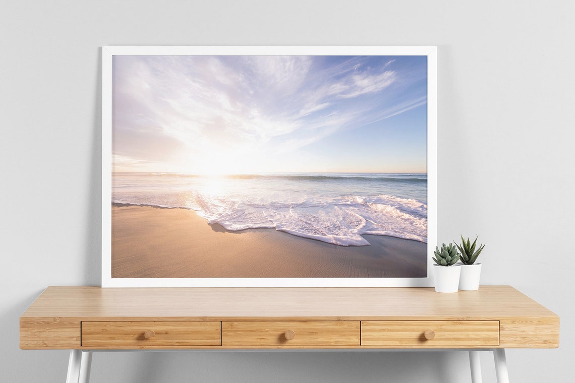 Bright Ocean Waves Sunrise Golden Beach Nature Photography Poster