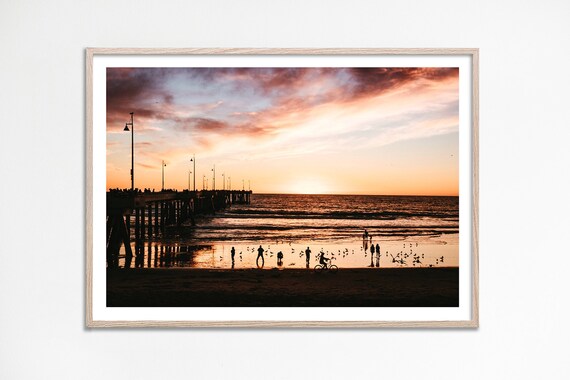 Beach Pier Sunset Silhouette People Ocean Photography Poster