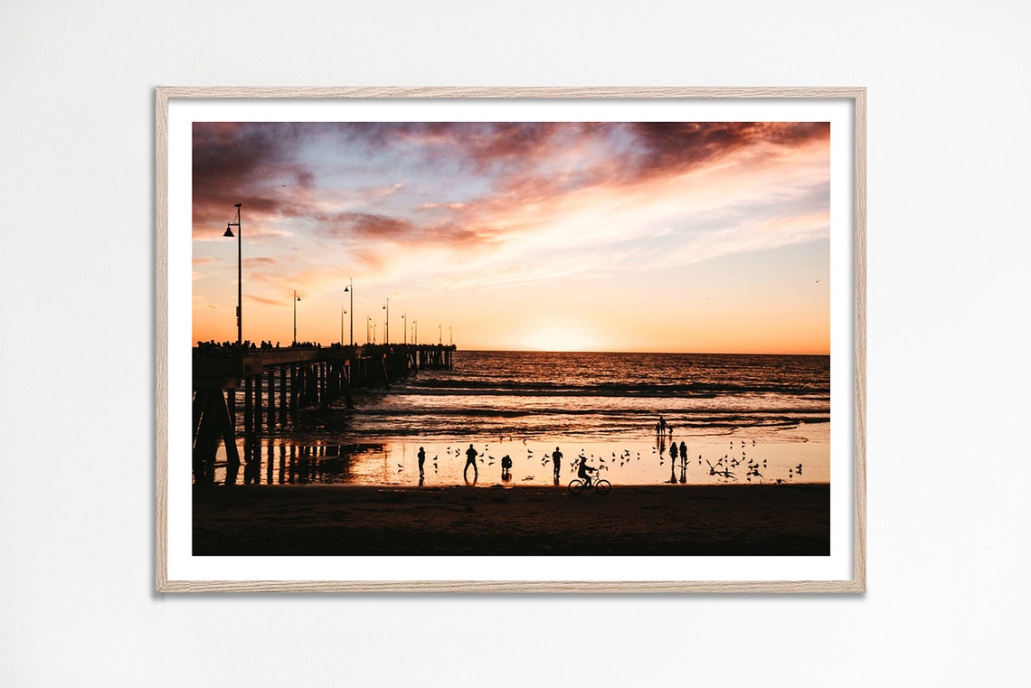 Beach Pier Sunset Silhouette People Ocean Photography Poster
