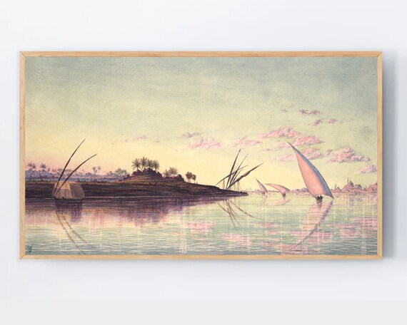 Vintage Sailboat Sunset Watercolor Calm Water Reflection Poster